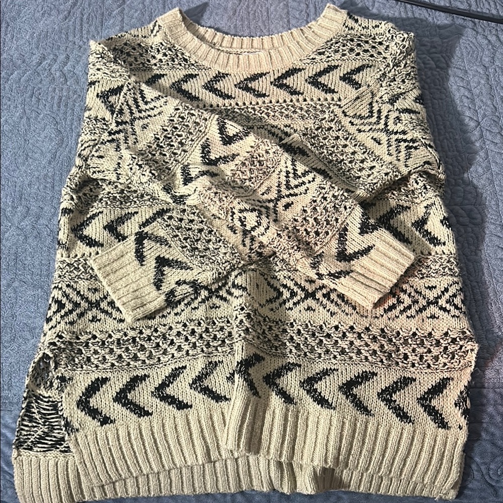 Lush Cream and Black Crew Neck Sweater with Nordic Patterns